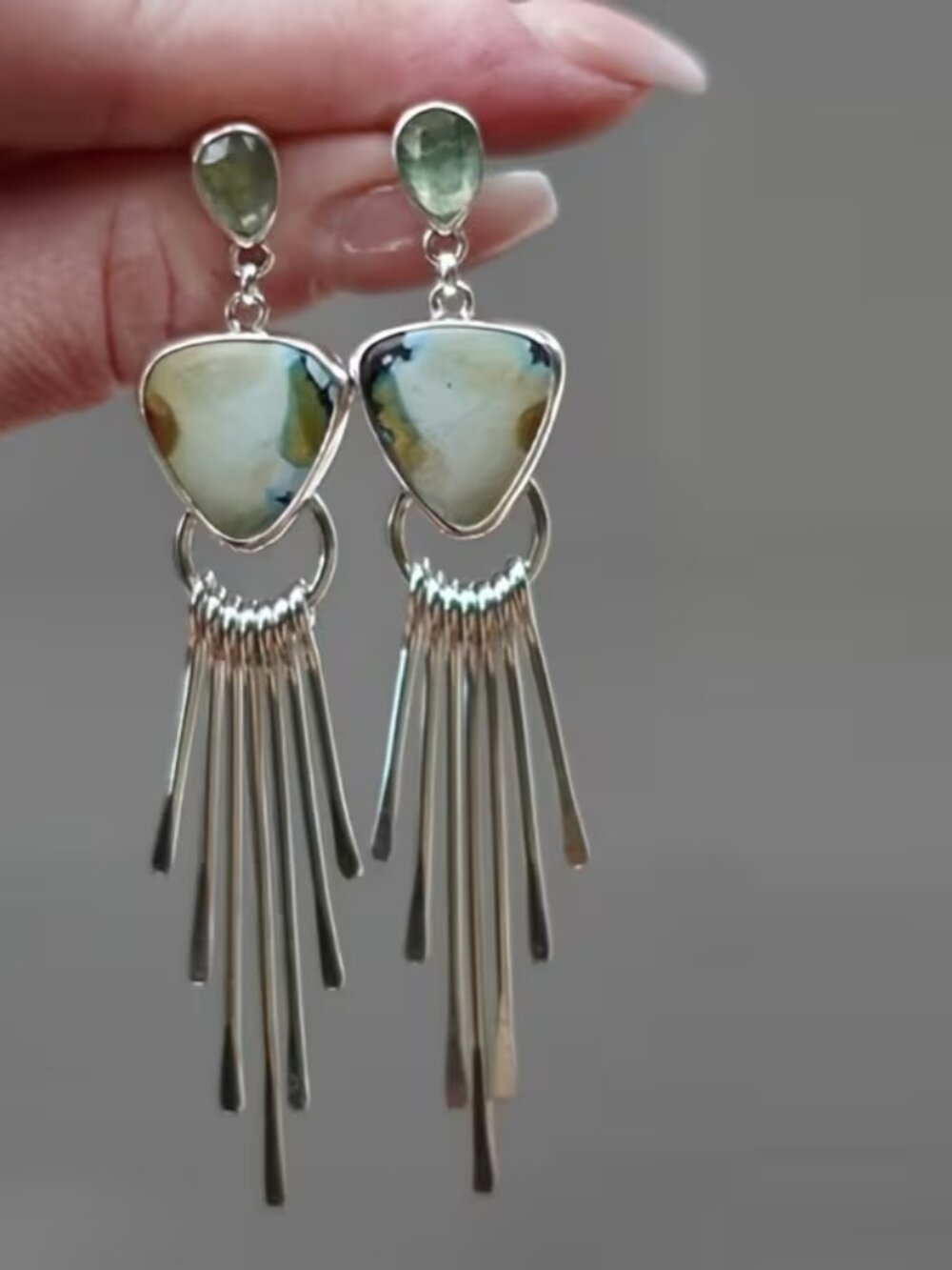 Bohemian-style long fringe triangle drop earrings with synthetic gemstone inlay